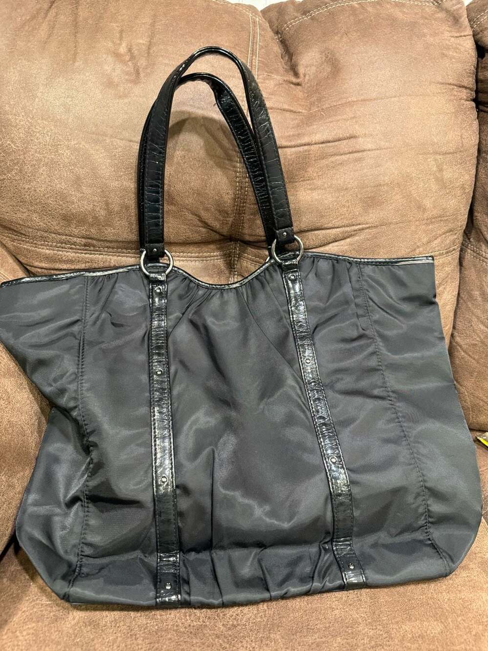 Ann Taylor Black Nylon and Patent Leather Large Tote Shoulder Bag